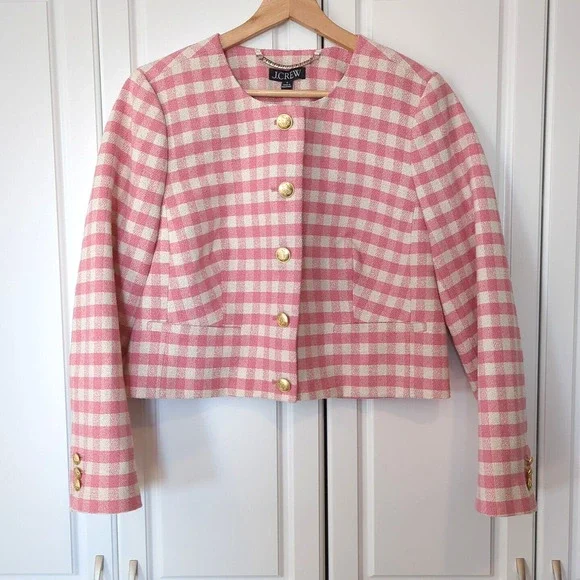 J Crew Louisa Lady Jacket in Pink Gingham Terry Tweed w/ Gold Buttons Size 8 - Picture 2 of 11
